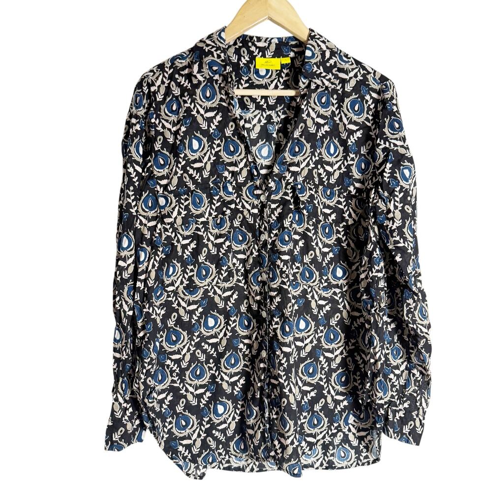 Roller Rabbit Black Floral Print Long Sleeve Cotton Button Up Too Size Large